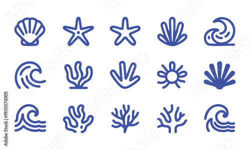 Nautical beach shells and seaweed minimal outline icon set vector illustration, easily editable.
