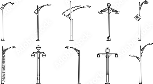 Vintage Street Light Lamp Post Fine Line Sketch – Hand-Drawn Minimalist Urban Line Art Vector Illustration Isolated on White Background