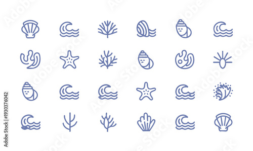 Sea life outline icons collection with shells and coral elements vector illustration, easily editable.