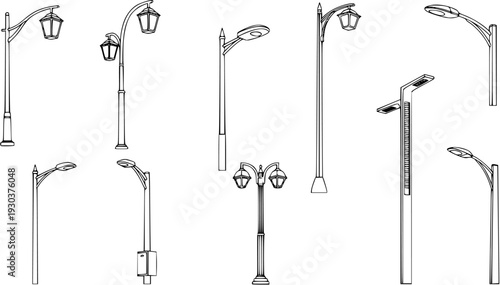Vintage Street Light Lamp Post Fine Line Sketch – Hand-Drawn Minimalist Urban Line Art Vector Illustration Isolated on White Background