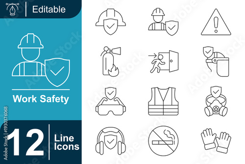 Work Safety Icons representing safety gear, emergency equipment, warning signs, and protective measures for industrial and construction environments