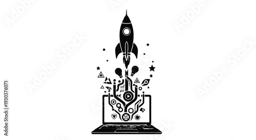 Rocket launching from laptop screen symbolizing digital innovation and startup growth