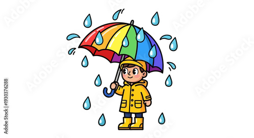 Vector illustration of a child in yellow raincoat holding colorful umbrella on rainy day isolated on White Background