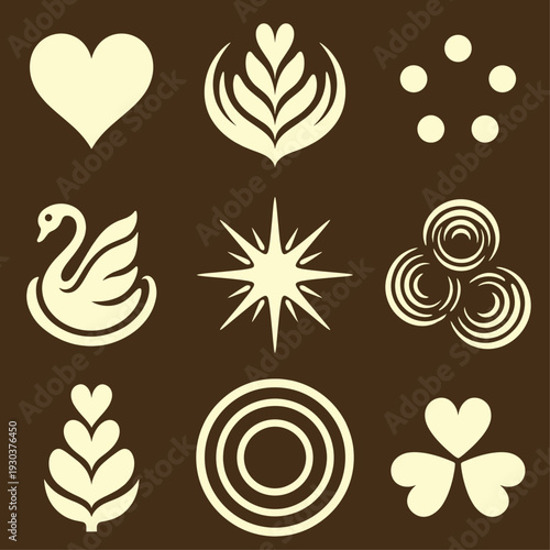 Professional Latte Art Icons and Coffee Foam Patterns Set Featuring Heart, Rosetta, Swan, Star, Shamrock and Circular Designs on Dark Coffee Background.