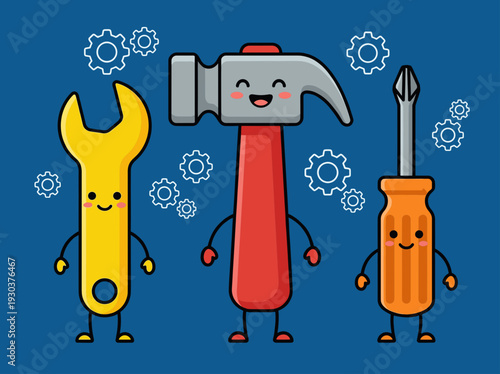 Cute Cartoon Hand Tools Set with Happy Faces Including Yellow Wrench, Red Hammer and Orange Screwdriver Isolated on Blue Background with Gear Symbols.