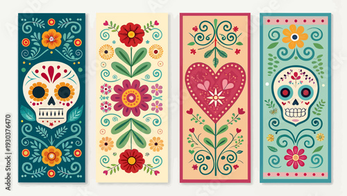 Vibrant day of the dead banners with sugar skulls flowers and heart designs