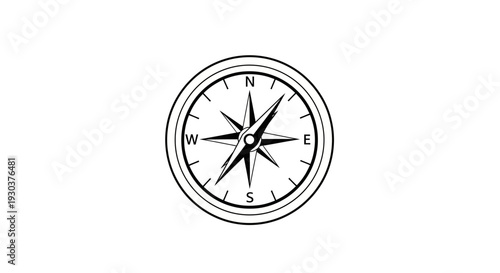 Detailed black and white illustration of a vintage compass, depicting cardinal directions for navigation, travel, adventure, and exploration.