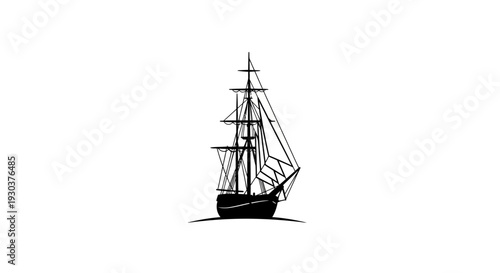 Classic Tall Ship Silhouette Illustration. Vintage Sailing Boat on Ocean Voyage. Maritime Travel and Adventure Vector Graphic.