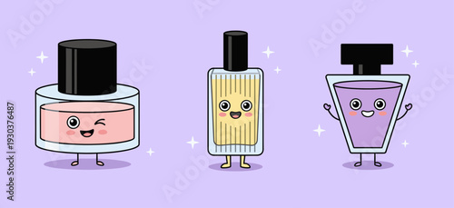Three Elegant Perfume and Fragrance Bottles with Cute Faces and Sparkling Elements in Pink, Yellow and Purple Colors on Soft Purple Background.