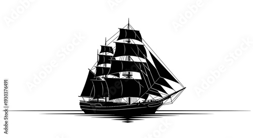 Vintage black silhouette of a majestic tall ship with full sails, a classic old sailing boat illustration on a pristine white background.
