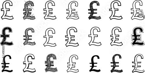 Hand-Drawn Pound Sterling Symbol Set: Vector Illustration of Different Currency Signs