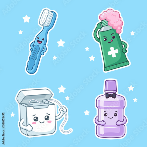 Dental Care and Oral Hygiene Characters Featuring Happy Toothbrush, Toothpaste with Foam, Dental Floss and Mouthwash Bottle on Light Blue Background.
