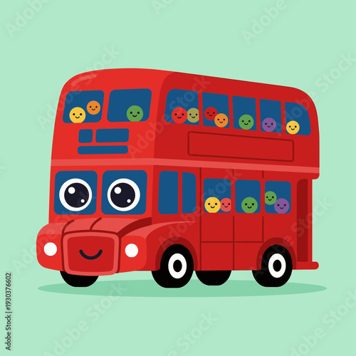 Happy Red Double Decker Bus Character Filled with Colorful Smiling Passenger Faces for Urban Transportation and City Travel Illustration