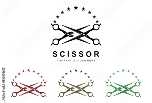 Scissor company logo with crossed scissors surrounded by stars isolated on white background for salon or barber business