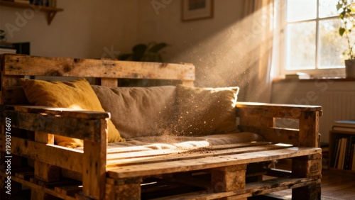 Wooden pallet sofa in sunlit room