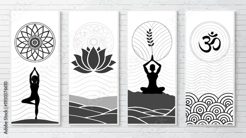 Yoga silhouettes in various poses with symbolic backgrounds for mindfulness and meditation practices