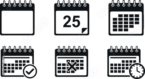 Calendar and Schedule Icon Set with Date, Checklist, Cancel, and Time Management Symbols for Planning Apps, Productivity Tools, and UI Design