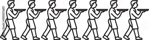 continuous line of waiters carrying trays. single line of restaurant waiters carrying empty trays. male waiters carrying empty.one line vector icon with out background