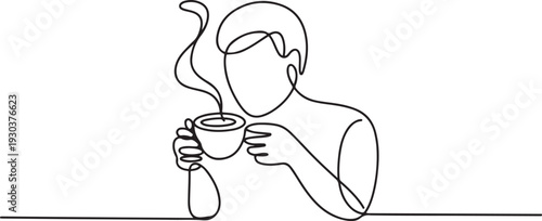 Continuous one line drawing drinking coffee concept. Doodle vector illustration.one line vector icon with out background