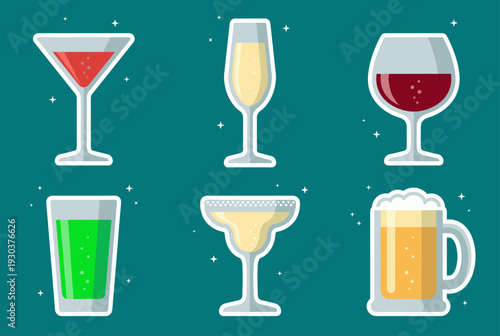 Set of alcoholic beverage icons featuring martini champagne wine green cocktail margarita and beer mug with sparkles in flat design style for bar menu and celebration concepts