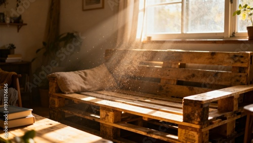Wooden pallet sofa in sunlit room