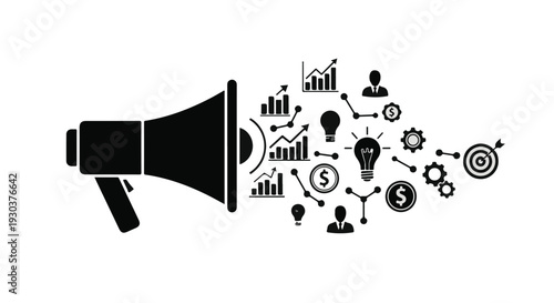 Megaphone broadcasting business growth, ideas, and success symbols