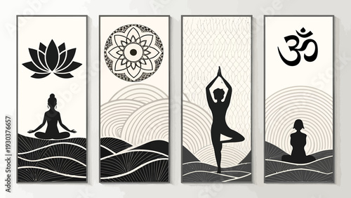Black and white yoga wall art set with lotus flower mandala om symbol and meditation silhouettes on abstract background