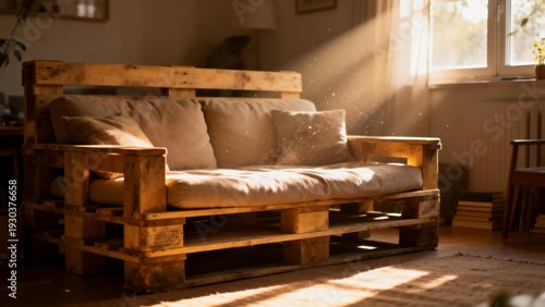 Wooden pallet sofa in sunlit room