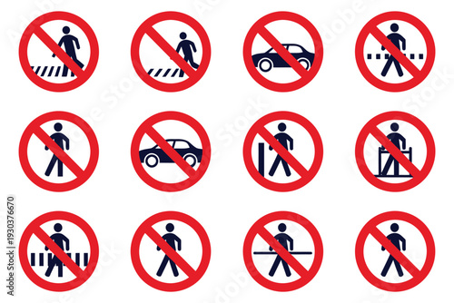 Red prohibition signs set with crossing and car symbols for traffic safety regulations and pedestrian warning instructions on transparent