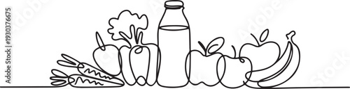 Continuous one line drawing Healthy food concept. Vegetables, fruits and milk.one line vector icon with out background