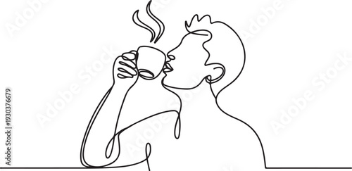 Continuous one line drawing drinking coffee concept. Doodle vector illustration.one line vector icon with out background