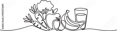 Continuous one line drawing Healthy food concept. Vegetables, fruits and milk.one line vector icon with out background