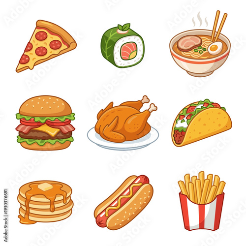 Global food and fast food icons collection including pizza sushi ramen burger roasted chicken taco pancakes hotdog and french fries for restaurant menu and delivery app