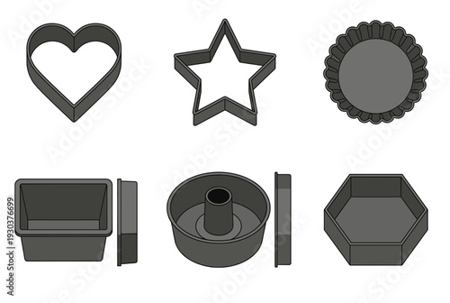 Collection of various metal baking pans and cookie cutters including heart star round square and bundt shapes for kitchen bakery and pastry cooking