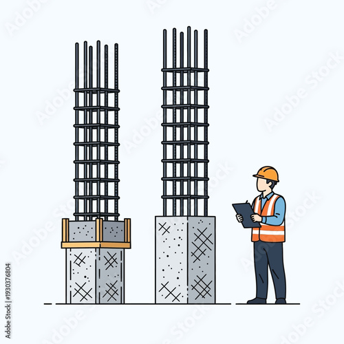 Construction engineer inspecting reinforced concrete columns on a building site, meticulously checking rebar and structural integrity for quality assurance and safety in urban development