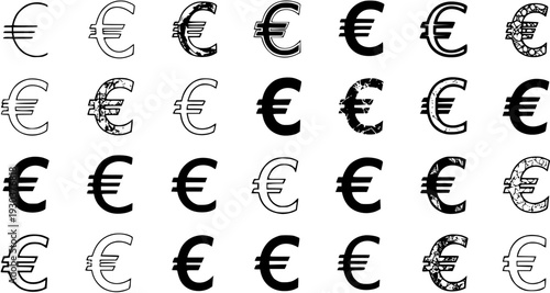 Diverse Euro Symbol Collection: Clean, Textured, and Grunge Styles for Finance and Business