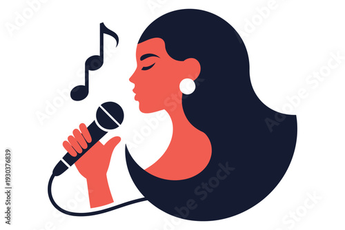 Silhouette of female singer with microphone and musical notes for live performance and artistic music event poster on transparent background