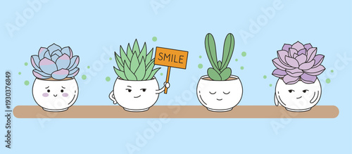 Group of cute succulent plants in white pots on a shelf, adorable indoor houseplant characters with different expressions and a smile sign for decor