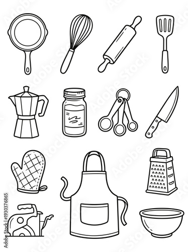 Professional kitchen utensils and cooking tools line art collection, hand drawn doodle set of culinary equipment for chef and home baking hobby concepts