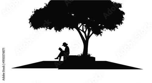 Peaceful silhouette of a person reading a book under a large tree on a sunny day.
