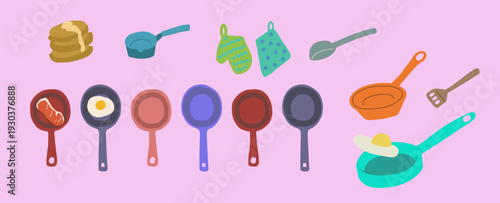 たくさんのフライパンとキッチン小物のイラスト/Vector illustrations of many frying and kitchen accessories