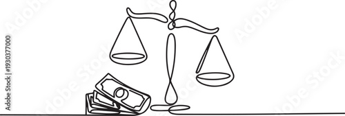 Continuous one line drawing of justice scale and cash or money. law, justice, corruption concept.one line vector icon with out background