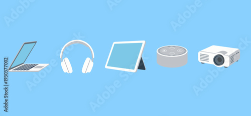 Modern electronic devices and digital gadgets set including laptop headphones tablet smart speaker and projector icons for technology and work concept