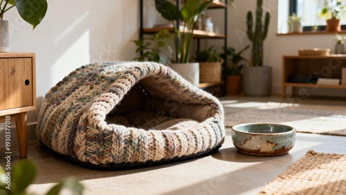 Cozy knitted pet bed in a bright room