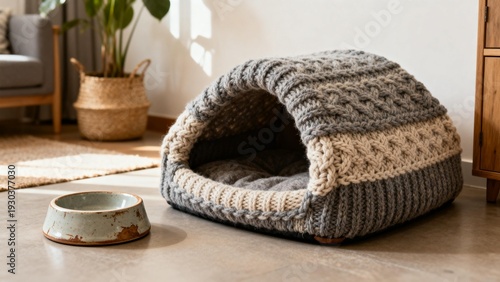 Handknitted pet bed with bowl in cozy room