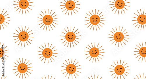 Seamless pattern of bright orange sun characters with smiling faces and different expressions scattered on a white background for kids design.