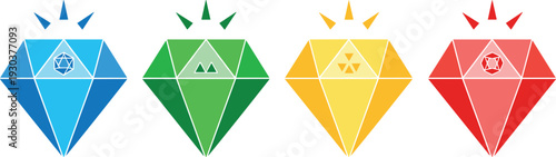 Colorful Diamond Gemstone Icon Set with Faceted Crystal Shapes for Luxury Branding, Game Assets, Reward Systems, and Graphic Design Projects