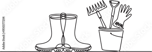 Continuous one line drawing of Rubber boots and Gardener equipment in bucket. Shovel, rake, glove in bucket single outline vector illustration.one line vector icon with out background