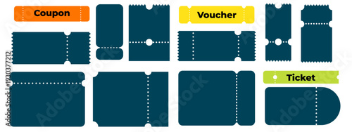 Ticket, coupon, voucher shapes set. Paper frames with perforated tear lines, rounded corners, zigzag edges. Cinema pass, event admission, discount stub. Vector.
