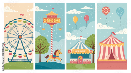 Colorful amusement park rides and attractions in a vibrant carnival setting with balloons